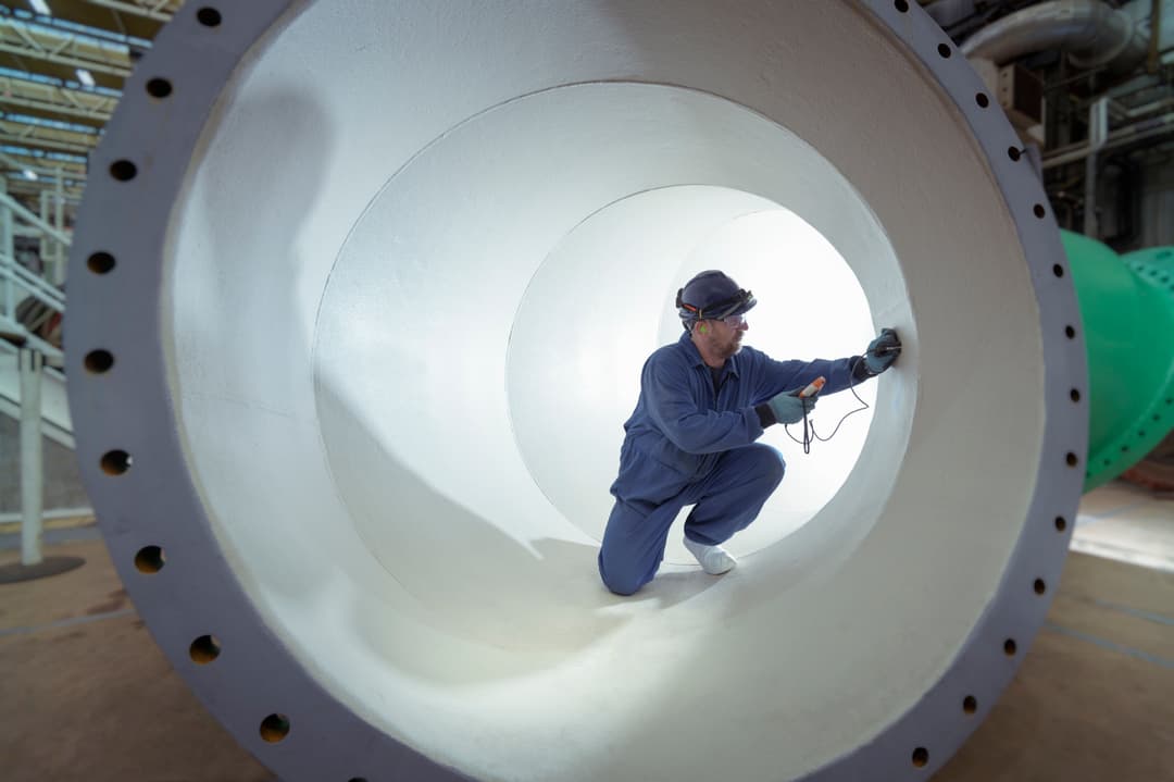 Worker in blue protective clothing kneeling inside a large white cylindrical pipe while inspecting the inner surface with a handheld device