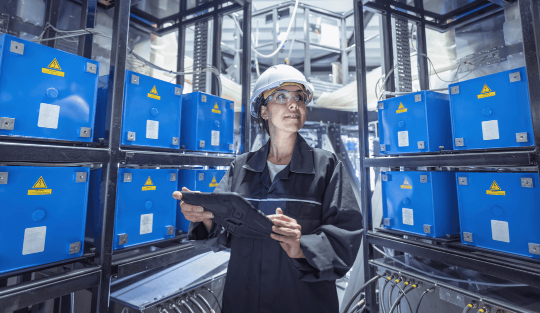 Person in a hard hat and safety glasses looking at a tablet in an industrial facility aisle.